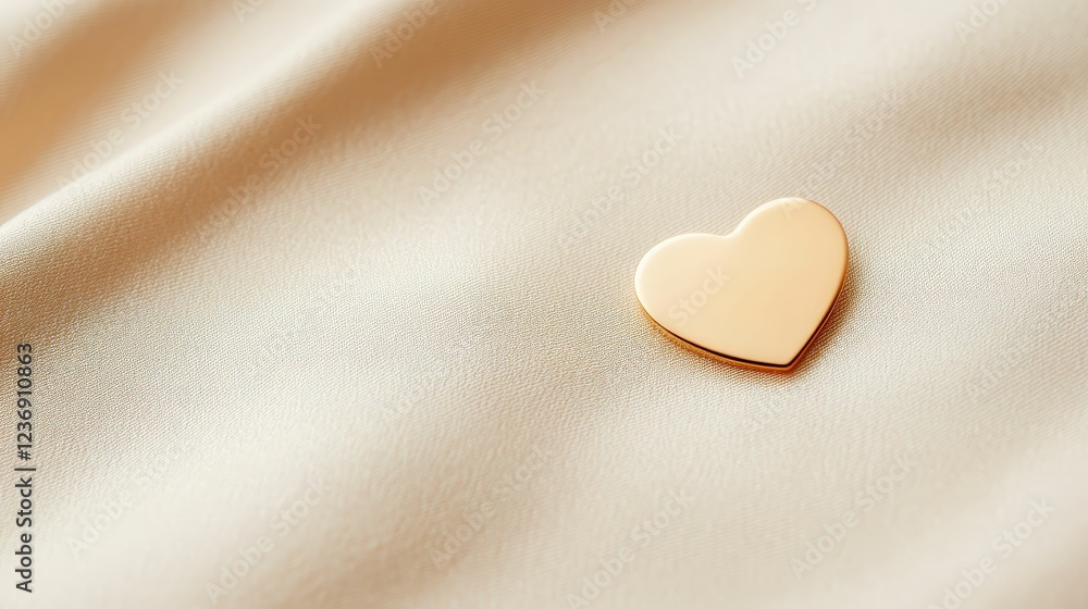 Fototapeta premium golden heart-shaped pendant lying on a soft beige fabric, studio lighting, minimalistic style