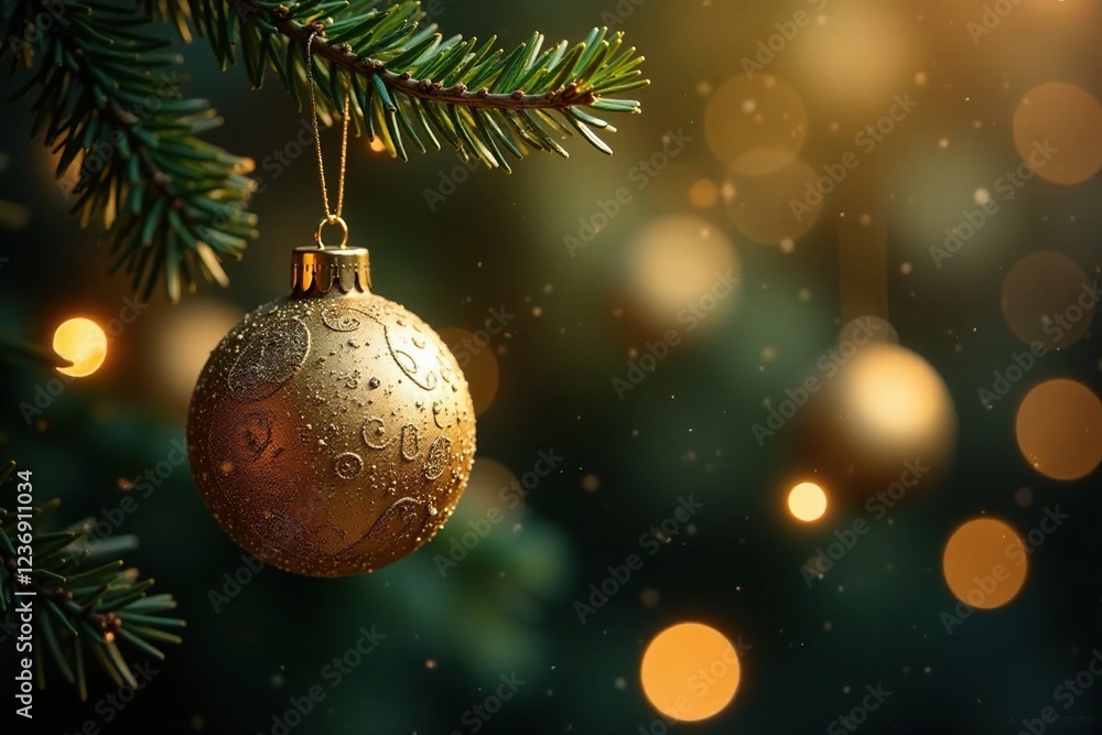 Delicate gold ornaments suspended from a branch, Festive, Holiday, Sparkling Delicate gold ornaments suspended from a branch, Festive, Holiday, Sparkling