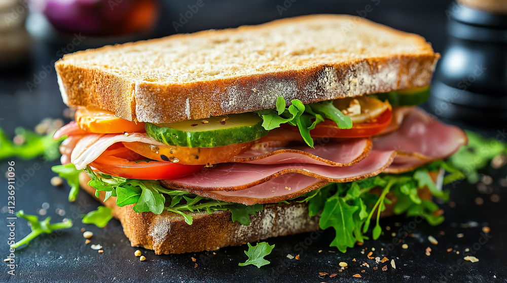 sandwich with ham and vegetables and tomato , on the table at restaurant sandwich with ham and vegetables and tomato , on the table at restaurant