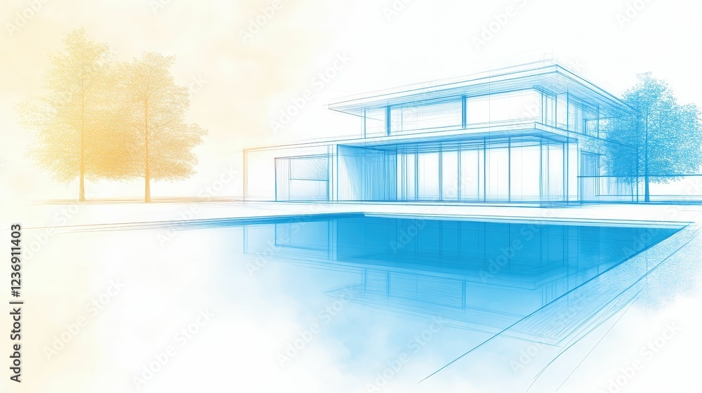 Fototapeta premium Digital architectural plan with blue and white tones, clean modern design, sharp detail, professional aesthetic