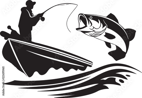 fisherman with a fish silhouette on a boat vector illustration isolated on transparent background