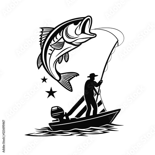 fisherman with a fish silhouette on a boat vector illustration isolated on transparent background
