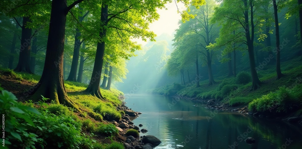 Fototapeta premium Forest landscape with tall trees and dense foliage near riverbanks, serene scene, forest