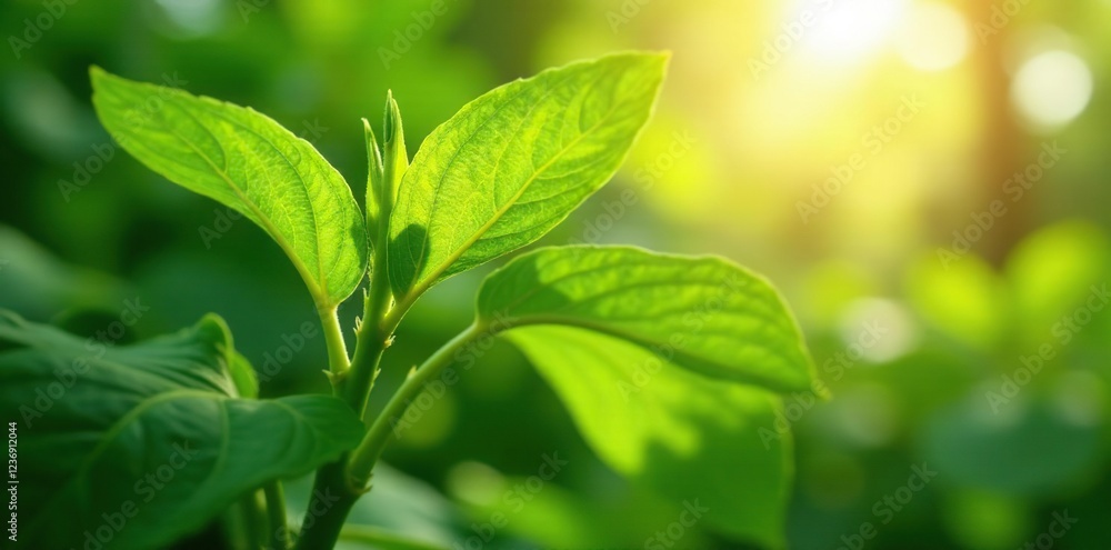 Large soybean leaves on a stem with sunlight filtering through, botanical, foliage, nature Large soybean leaves on a stem with sunlight filtering through, botanical, foliage, nature