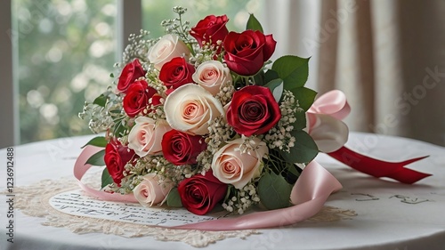 ighly detailed image of a large bouquet of red, pink, and white roses tied with a satin ribbon. The bouquet includes accents of baby’s breath and eucalyptus leaves. It rests on a white lace tablecloth photo