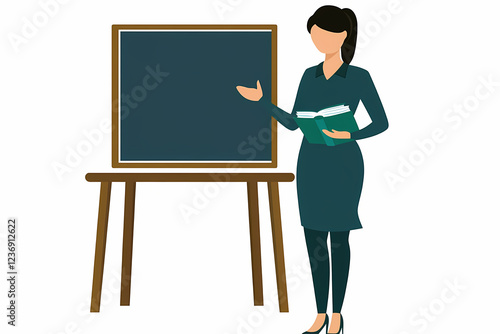 A teacher writing on a blackboard in a classroom, gesturing while teaching. Office supplies and educational concept.