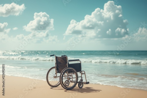 a wheelchair on the beach with the ocean in the background