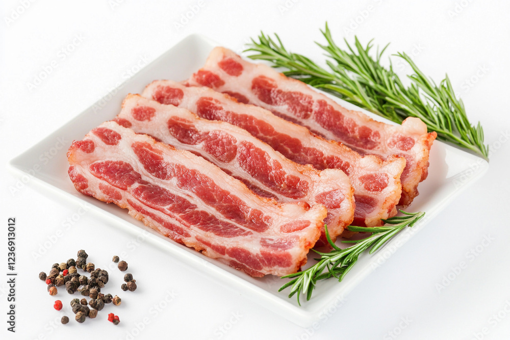Freshly sliced bacon with herbs ready for cooking Freshly sliced bacon with herbs ready for cooking