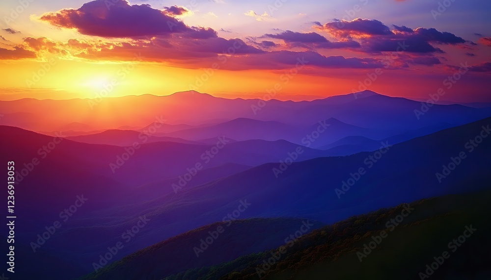 Obraz premium Vibrant Sunset Over Rolling Mountain Ranges