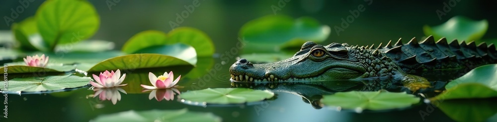 Fototapeta premium Water lilies on a murky lake surface with green crocodile texture, nature, crocodile