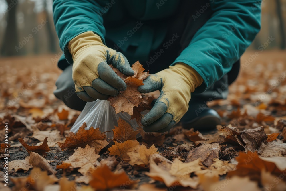 a person in gloves picking up leaves from the ground a person in gloves picking up leaves from the ground