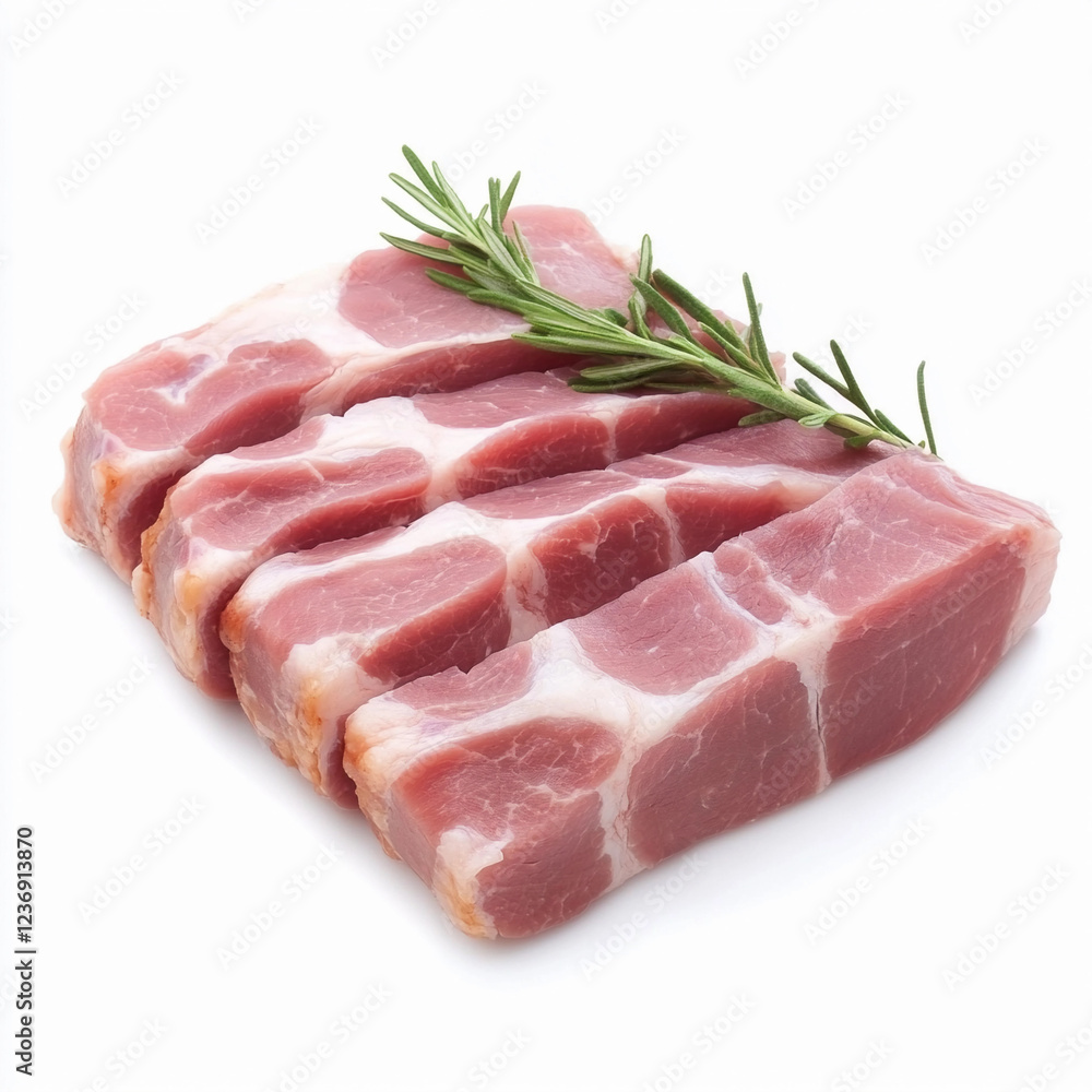 Fresh pork chops arranged with rosemary sprig for cooking Fresh pork chops arranged with rosemary sprig for cooking