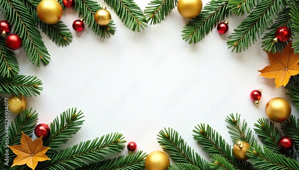 Seasonal flat lay of evergreen pine branches, golden ornaments, and natural elements, elements, autumn Seasonal flat lay of evergreen pine branches, golden ornaments, and natural elements, elements, autumn