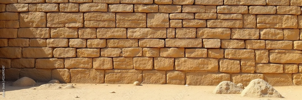 Fototapeta premium Ancient stone wall in a dry, cracked landscape, cracked, arid, sedimentary