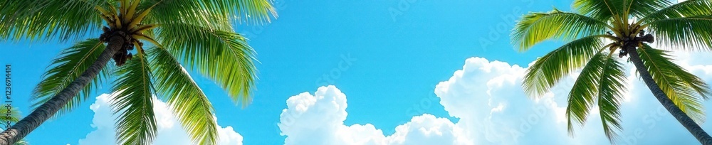 Coconut tree leaves rustle softly in the breeze as fluffy white clouds drift across the bright blue sky, branches, relaxation Coconut tree leaves rustle softly in the breeze as fluffy white clouds drift across the bright blue sky, branches, relaxation