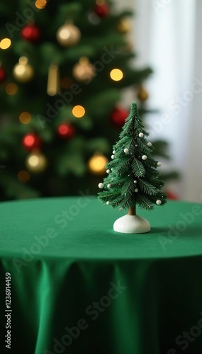 Dark green felt tablecloth with a small, delicate Christmas tree centerpiece, dark green, felt