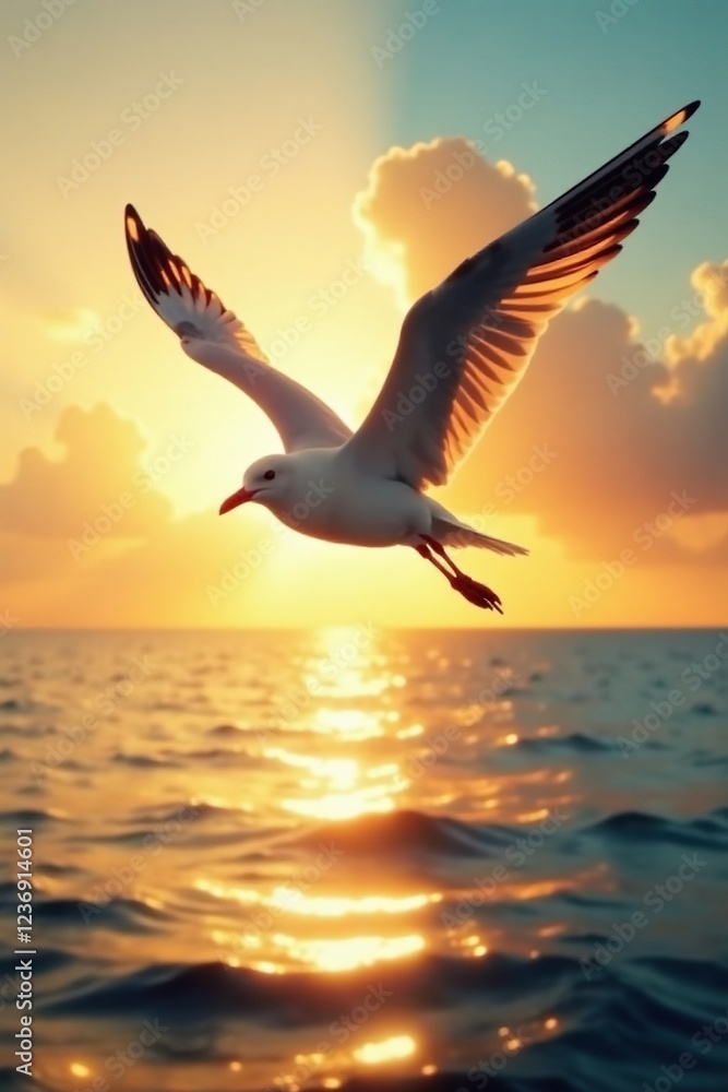Fototapeta premium Gaviota volando con la luz del atardecer a trav?s de su cuerpo, vela, orilla, sea