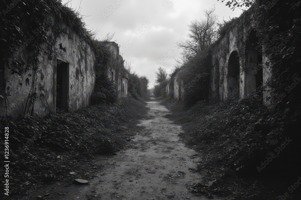 a black and white photo of a narrow alleyway a black and white photo of a narrow alleyway