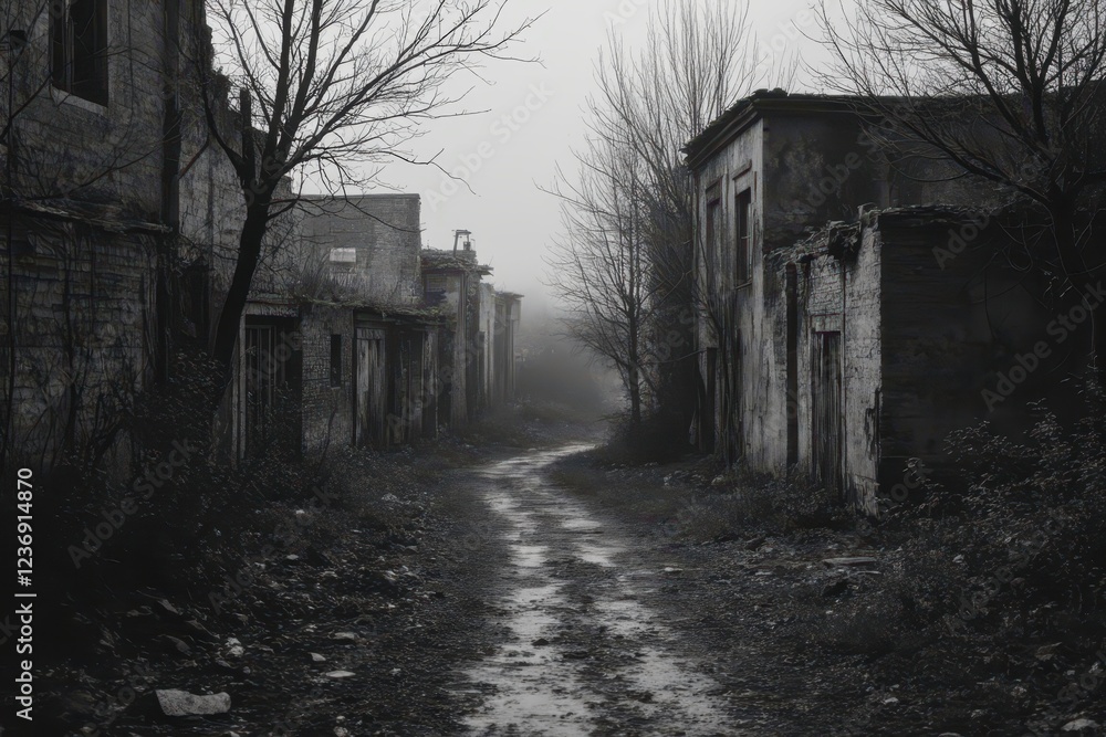 an old abandoned street in the middle of a foggy day an old abandoned street in the middle of a foggy day