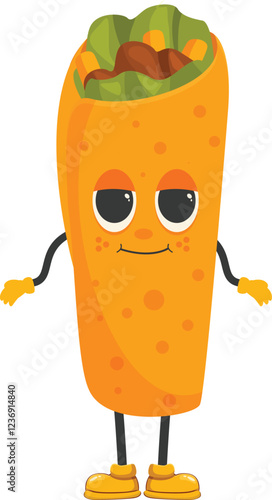 Cartoon anthropomorphic burrito character wearing yellow boots and gloves is smiling and looking friendly