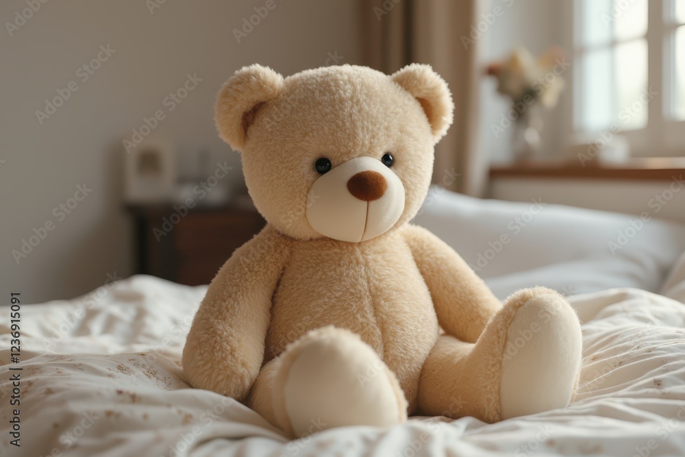 a teddy bear sitting on a bed in a bedroom a teddy bear sitting on a bed in a bedroom
