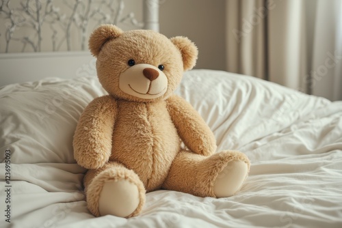 a teddy bear sitting on a bed