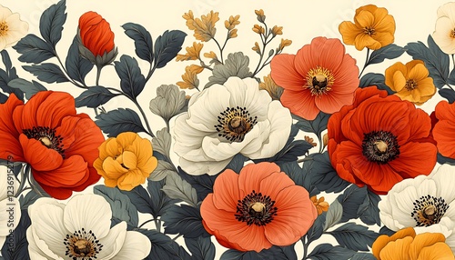 Vibrant floral illustration featuring red, orange, and white poppies, yellow flowers, and dark gray-green leaves against a cream background.