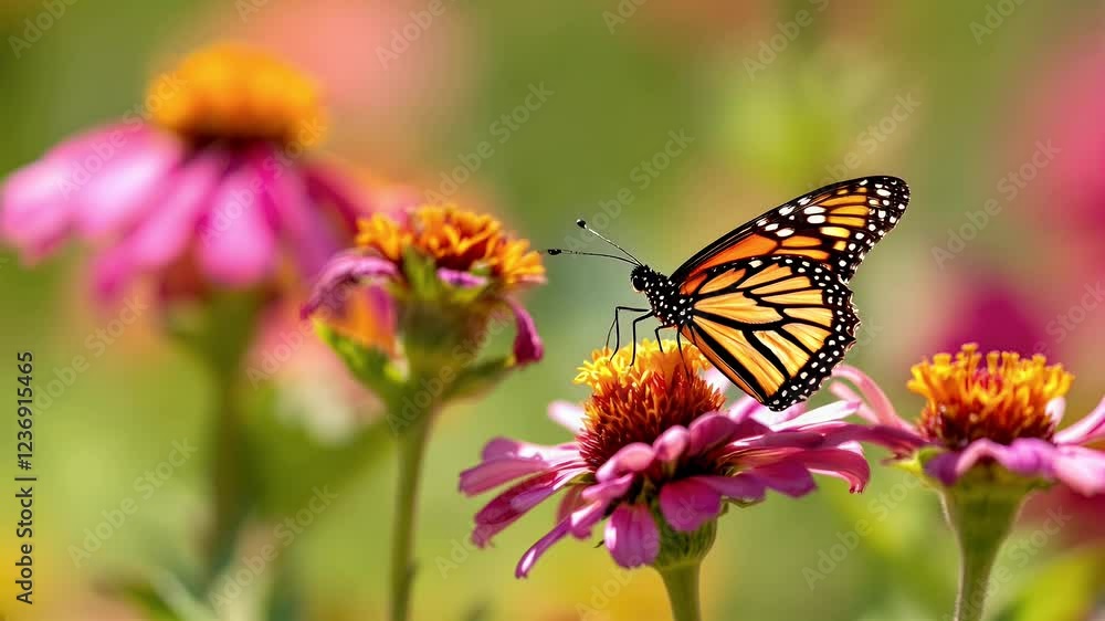 Monarch Butterfly on Pink Coneflowers in a Vibrant Garden Monarch Butterfly on Pink Coneflowers in a Vibrant Garden