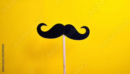 A black fake mustache on a stick against a vibrant yellow backdrop, symbolizing playful disguises and pranks. photo