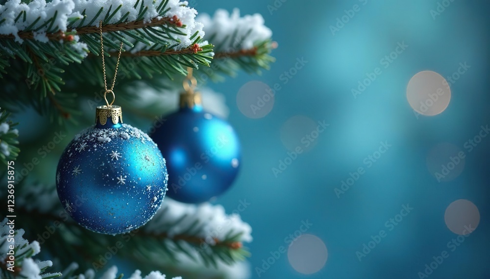 Obraz premium Snowy blue glass ball ornaments hang from a fir tree branch, Christmas decorations, winter wonderland, festive decor