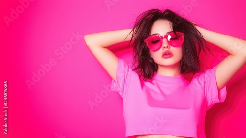 Wallpaper Mural Portrait of a frustrated young woman pulling her hair, bright pink background and vibrant studio lighting in a minimalist composition Torontodigital.ca