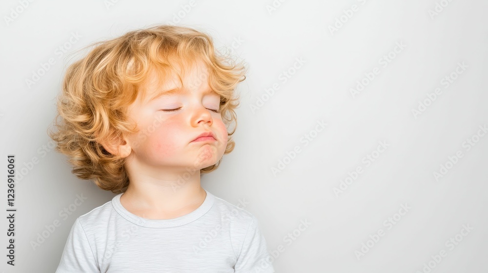 Curly-haired toddler crying with red cheeks, soft white background and natural lighting, clean and minimalistic studio setting Curly-haired toddler crying with red cheeks, soft white background and natural lighting, clean and minimalistic studio setting