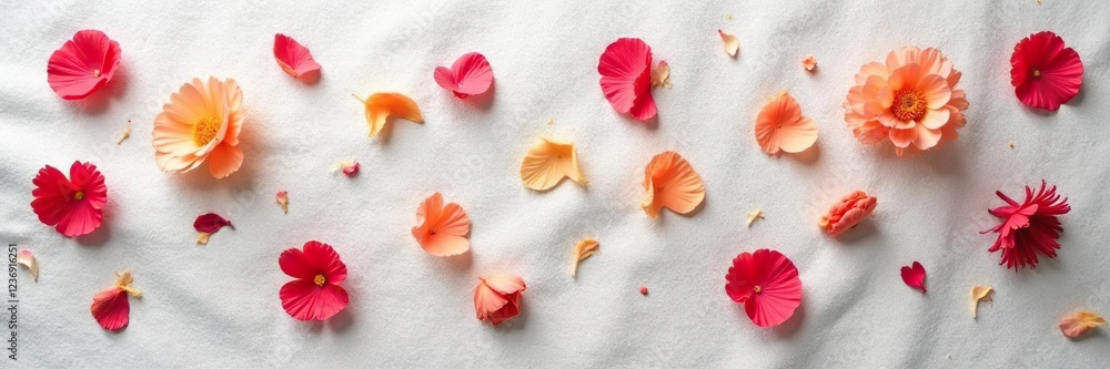 Dried flower petals scattered on a white linen fabric background, linen, fabric Dried flower petals scattered on a white linen fabric background, linen, fabric