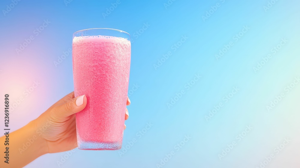 Obraz premium Hand holding a glass of detox smoothie in a sunny outdoor setting, vibrant and health-focused lifestyle composition
