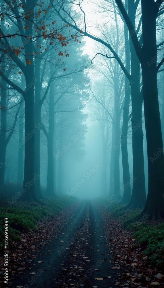 Naklejka premium Foggy forest with misty trees and eerie atmosphere, forest, atmospheric conditions