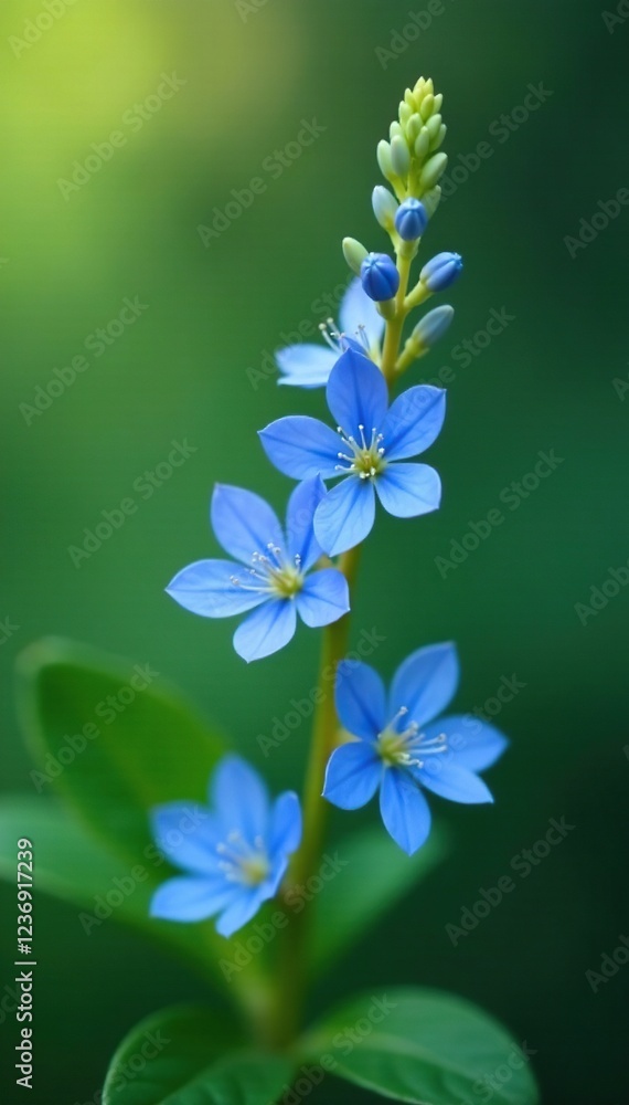 Obraz premium Delicate blue flowers sway gently on a golden stem, leafy, blue, natural