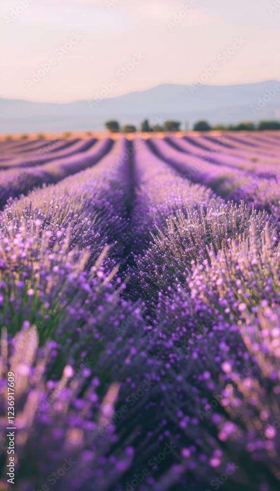 Obraz premium Lavender Fields at Sunset in Provence: Serene Landscape for Print or Poster Design