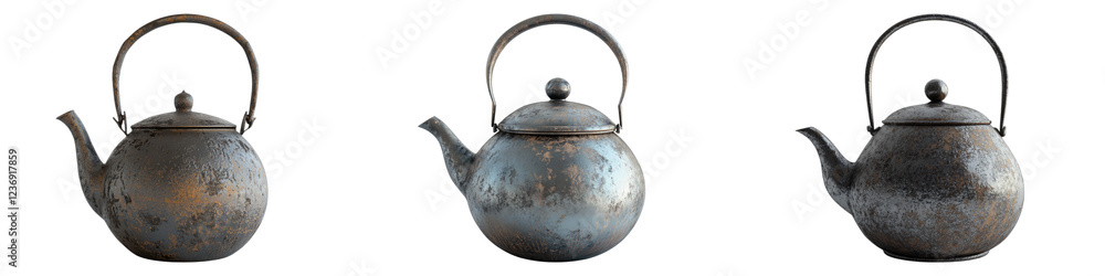 Japanese teapot crafted from iron isolated on transparent background, PNG, Set of Japanese teapot crafted from iron isolated on transparent background, PNG, Set of