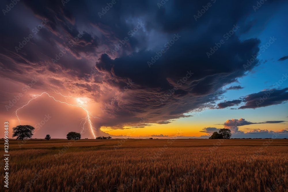 a lightning bolt strikes through a cloud over a field a lightning bolt strikes through a cloud over a field