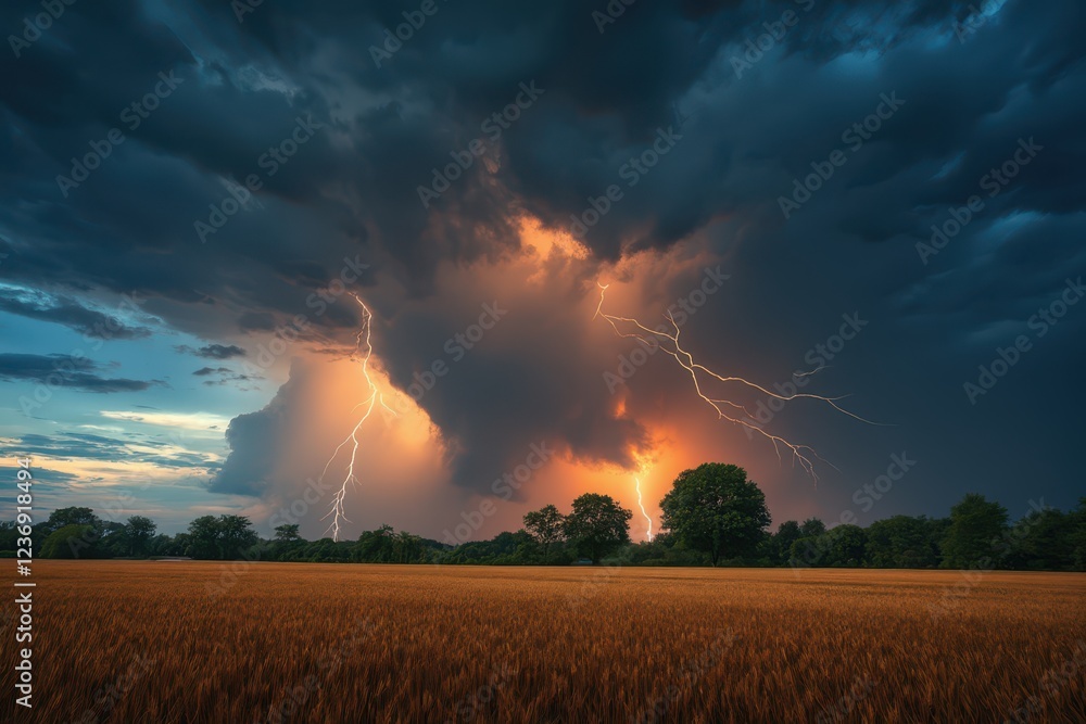 a lightning bolt strikes through the sky over a field