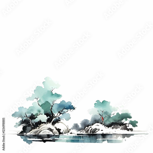 watercolor river landscape with trees decoration element with blank area vector