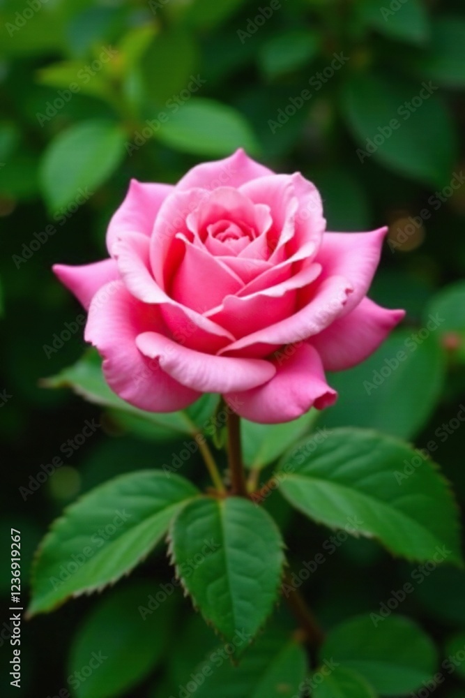 Pink rose in full bloom against lush green foliage, flower in bloom, bloom Pink rose in full bloom against lush green foliage, flower in bloom, bloom