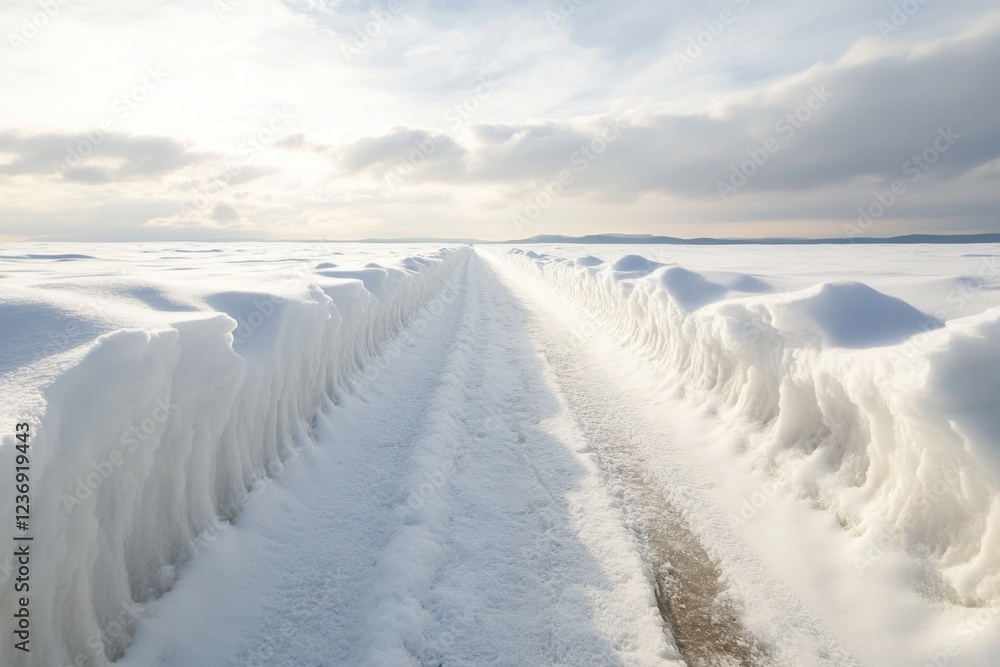 Snow-covered pathway stretches into the horizon under a bright winter sky Snow-covered pathway stretches into the horizon under a bright winter sky