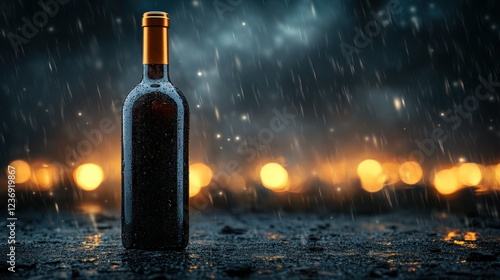 Red Wine Bottle in Rain, Night Cityscape Background photo