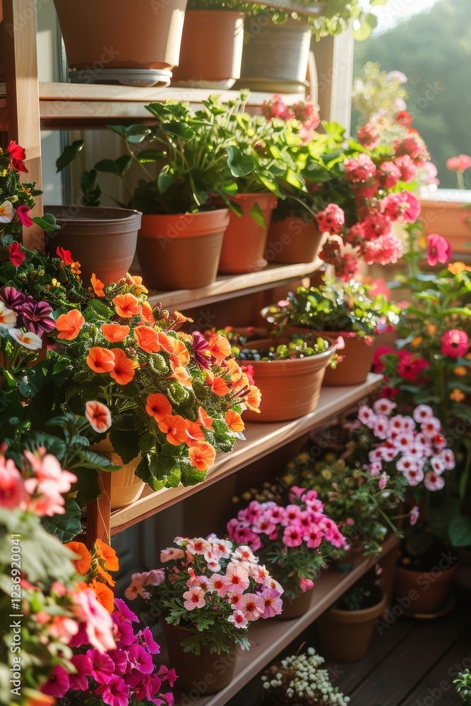 Fototapeta premium Sunlit Balcony Garden with Blooming Flowers for a Vibrant Summer Display