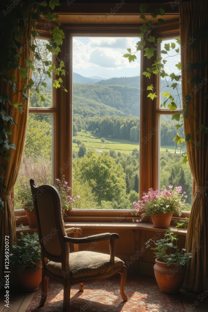 Fototapeta premium a chair in front of a window with a view of a valley