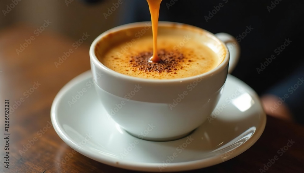 Freshly poured espresso fills textured white cup, fresh, fill, pour Freshly poured espresso fills textured white cup, fresh, fill, pour