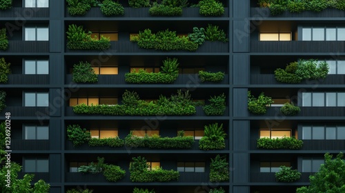 Green building with vertical garden facade, daytime lighting, modern architecture, eco-friendly design, urban contemporary aesthetic
