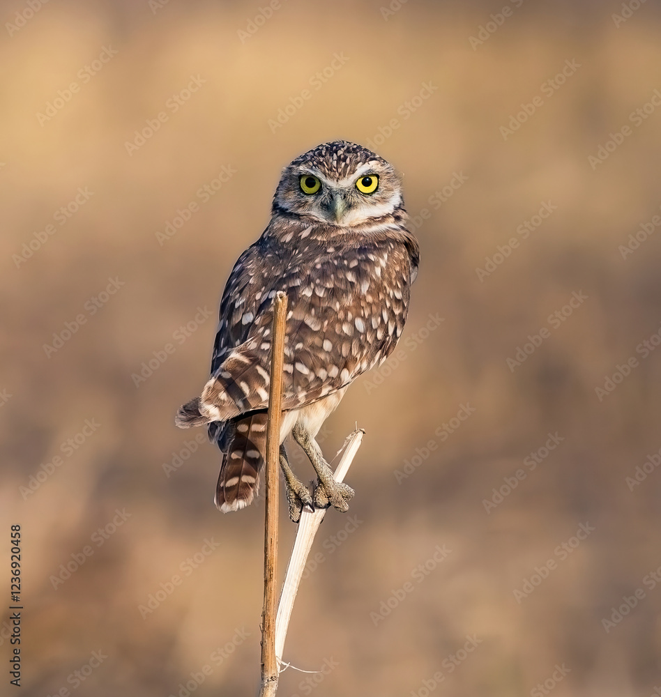 A Burrowing Owl making eye contact with the viewer. looking straight ahead, while resting atop a split piece of twig within an open field in Colorado. Close up view. A Burrowing Owl making eye contact with the viewer. looking straight ahead, while resting atop a split piece of twig within an open field in Colorado. Close up view.