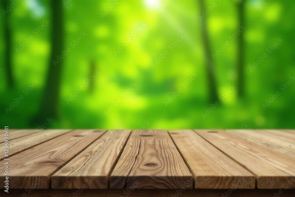Wooden table on natural green background with wood smell, aroma, nature, wooden Wooden table on natural green background with wood smell, aroma, nature, wooden